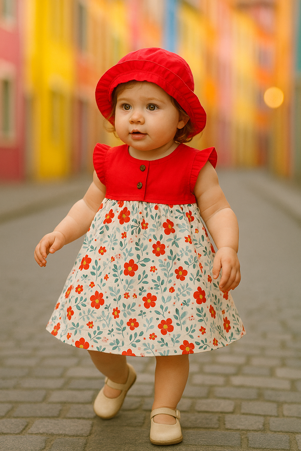 Kids Girl Frock Set With Hat, Floral Pattern, Red, Toddler, 6 month - 36 Month