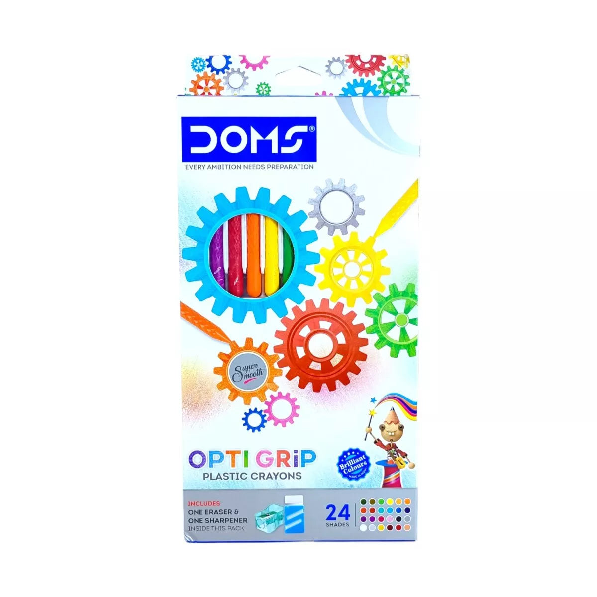 DOMS Opti Grip Plastic Crayons | Can Be Erased and Sharped | Bright and Vibrant Colors. Keep Fingers Clean and Non Messy | 24 Shades | Best For Return Gift