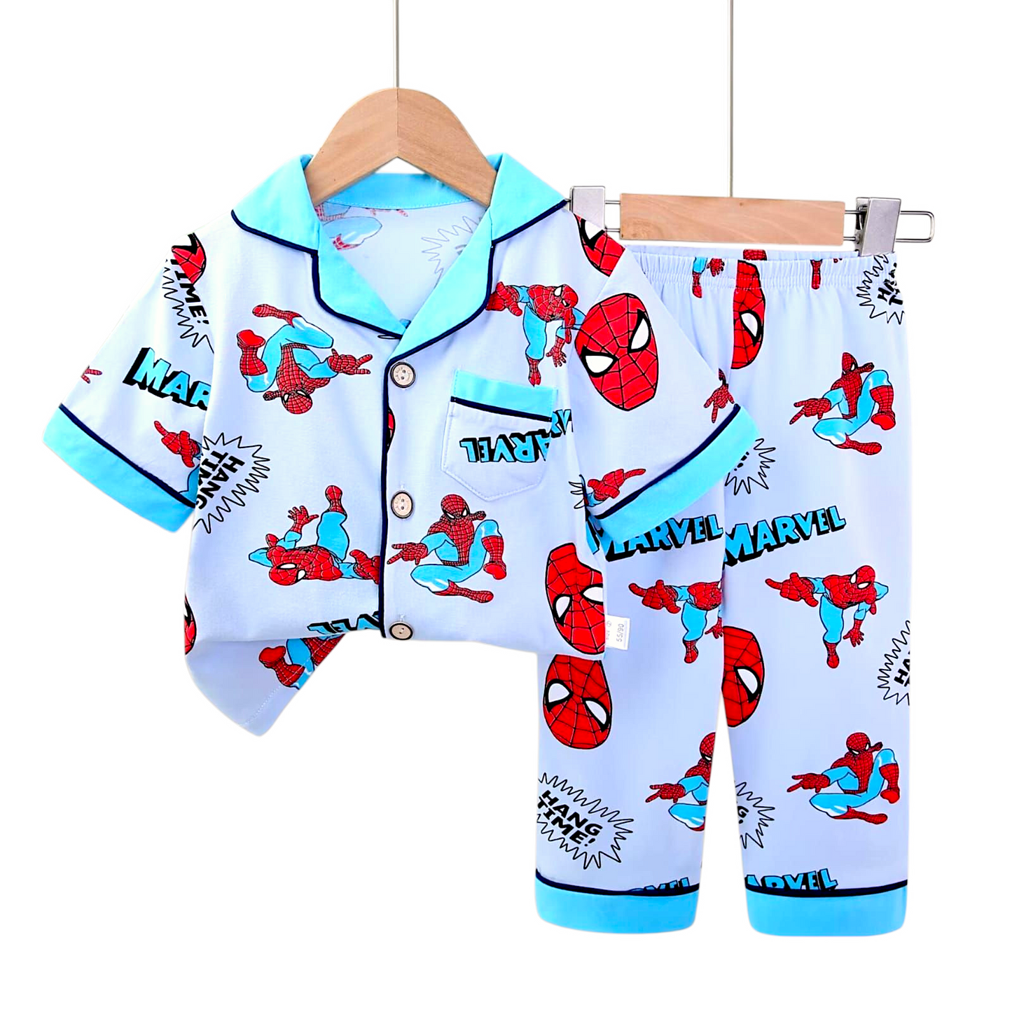 Kids Night Suit Wear set Cartoon Printed Collar Neck, Spiderman Cyan, Toddler, Age 2 - 10 year