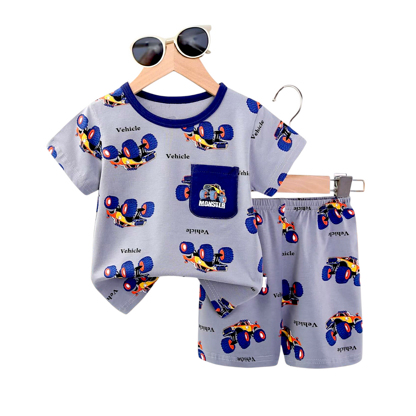 Kids Co-ord set Cartoon Printed Round Neck, Monster Truck Grey, Toddler, Age 1 -6 year