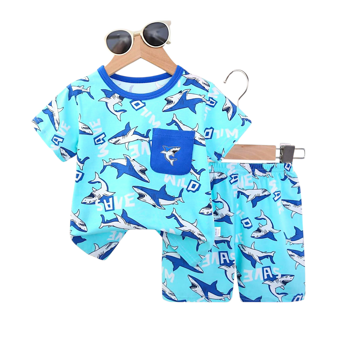 Kids Co-ord set Cartoon Printed Round Neck, Shark Cyan, Toddler, Age 1 -6 year