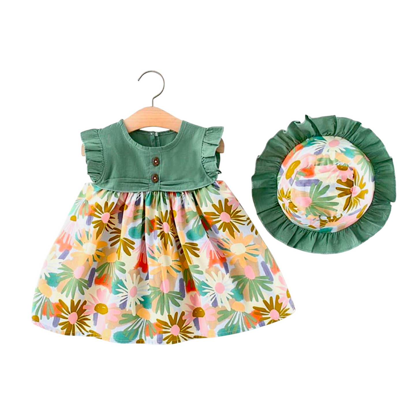 Kids Girl Frock Set With Hat, Floral Pattern, Colorful Green, Toddler, 6 month - 36 Month