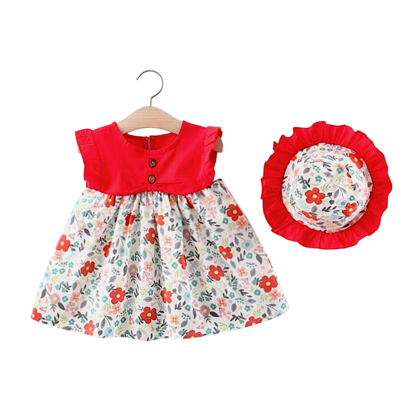 Kids Girl Frock Set With Hat, Floral Pattern, Red, Toddler, 6 month - 36 Month