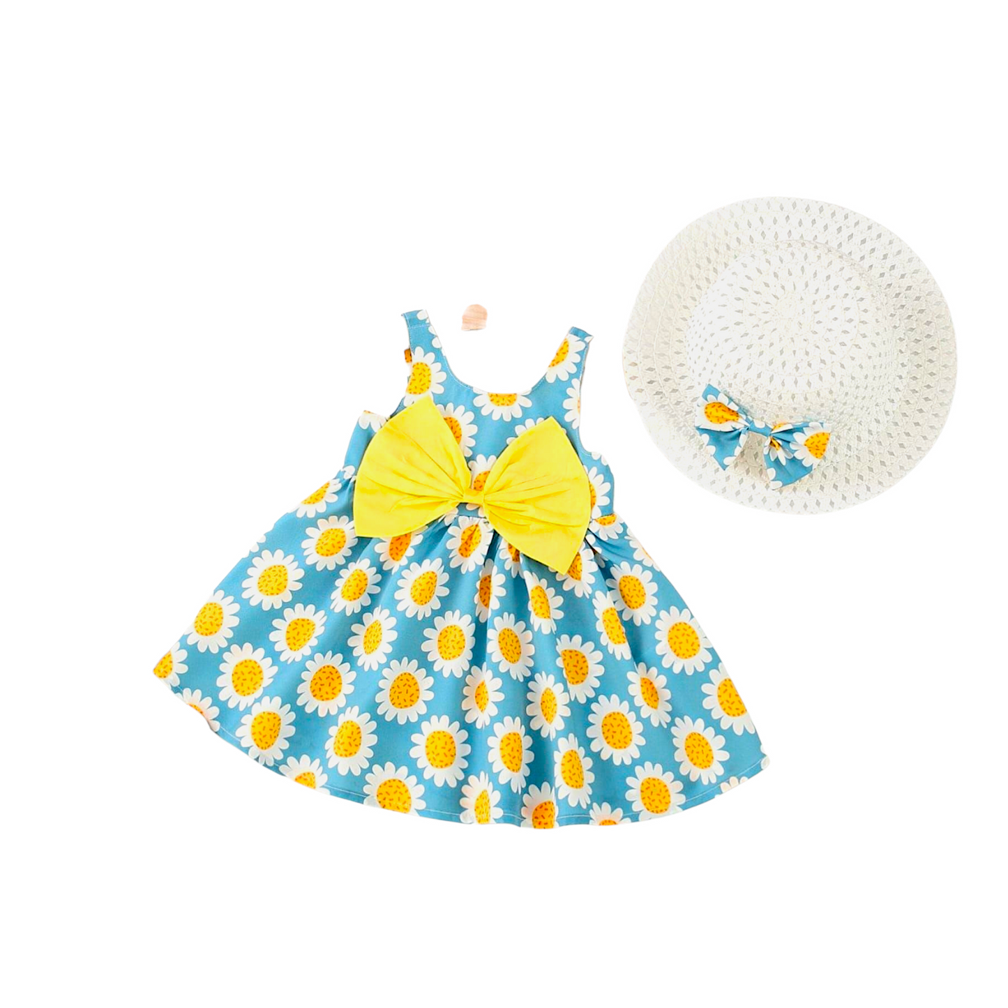 Kids Girl Frock Set With Hat, Floral Pattern, Flower Blue, Toddler, 6 month - 36 Month