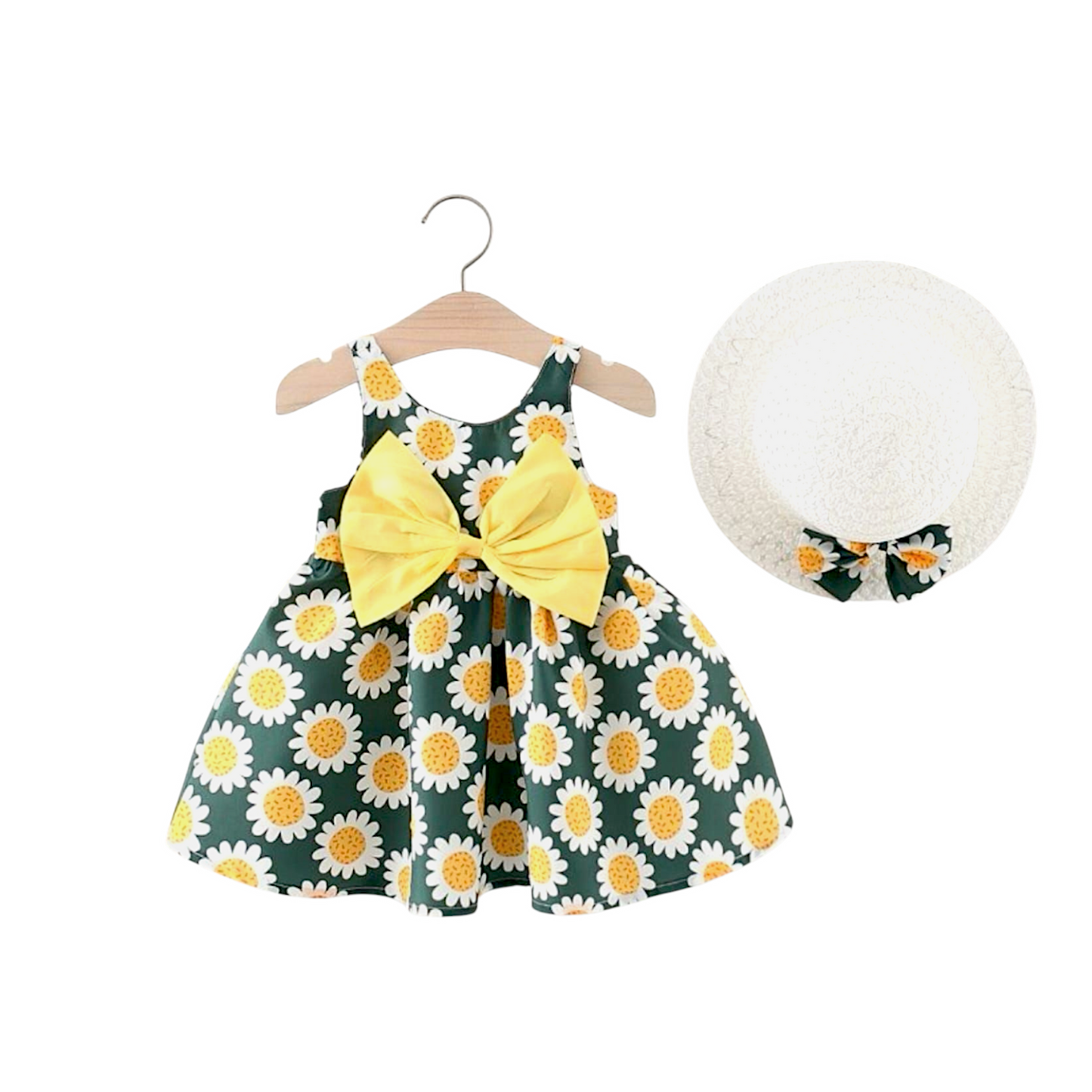 Kids Girl Frock Set With Hat, Floral Pattern, Green Floral, Toddler, 6 month - 36 Month