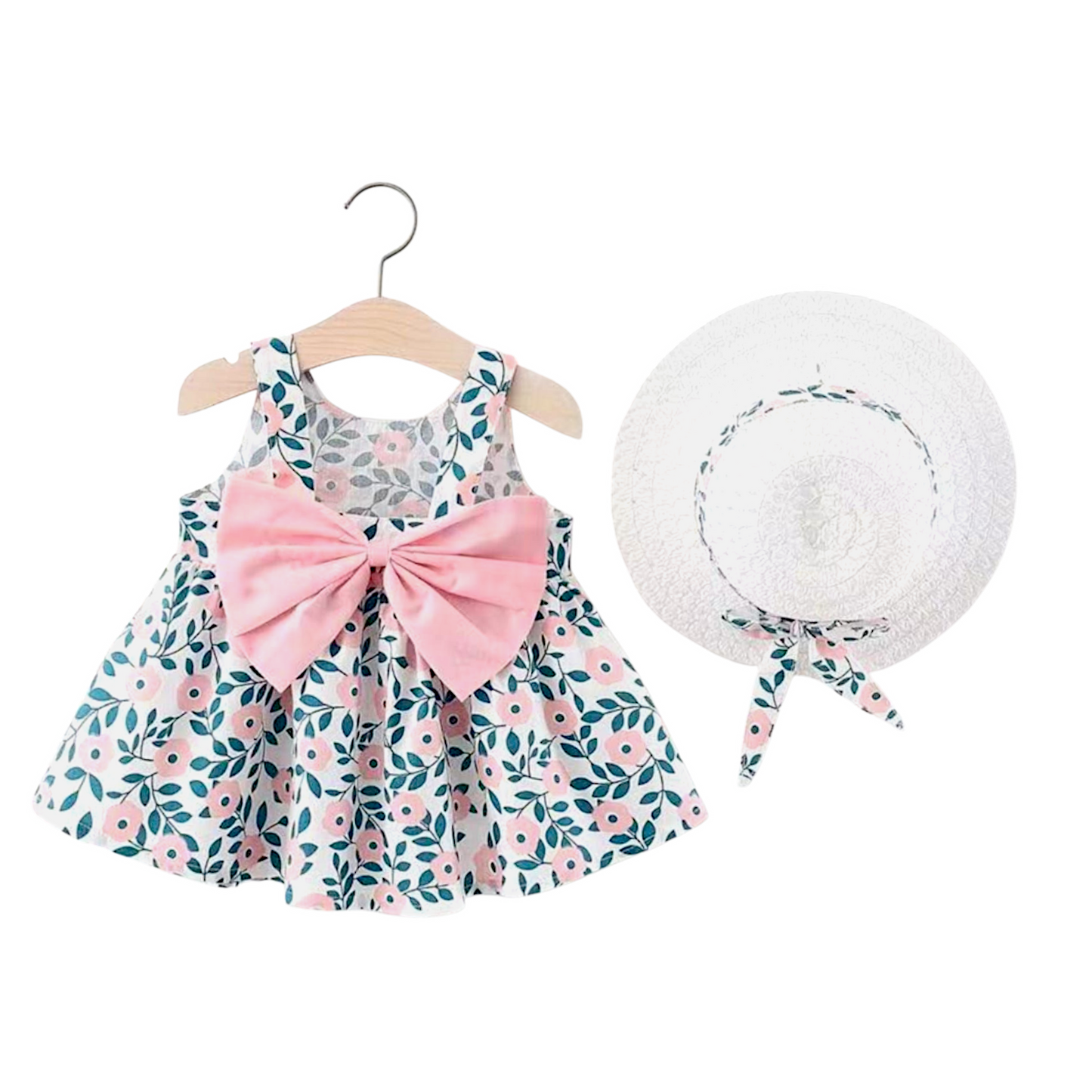Kids Girl Frock Set With Hat, Floral Pattern, Colorful Pink White, Toddler, 6 month - 36 Month