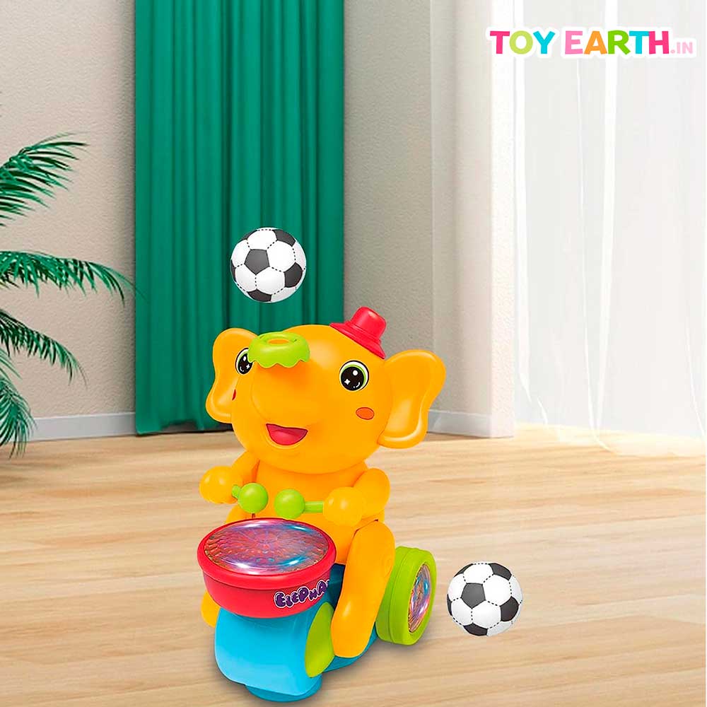 Elephant Musical Toy | with Music | Flashing Light | Walking | Drum Playing with 2 Levitation Ball | Electric Toys for Kids | ToyEarth.in (Without Battery)