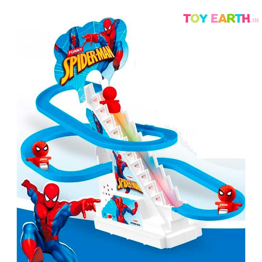 Musical Spiderman Stairs | Super Hero | Track Slide | Climb Stairs Toys | with 3 Spiderman | ToyEarth.in (2 x Cell Battery Include)