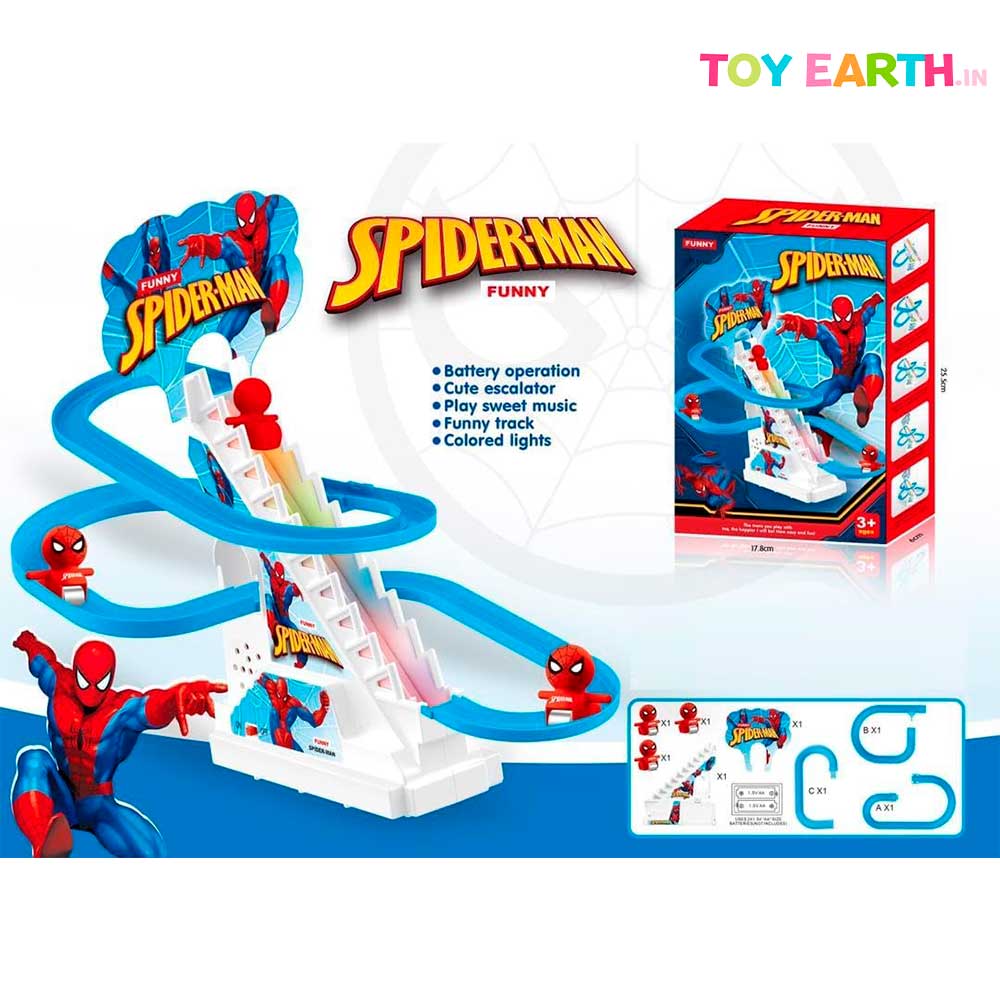 Musical Spiderman Stairs | Super Hero | Track Slide | Climb Stairs Toys | with 3 Spiderman | ToyEarth.in (2 x Cell Battery Include)
