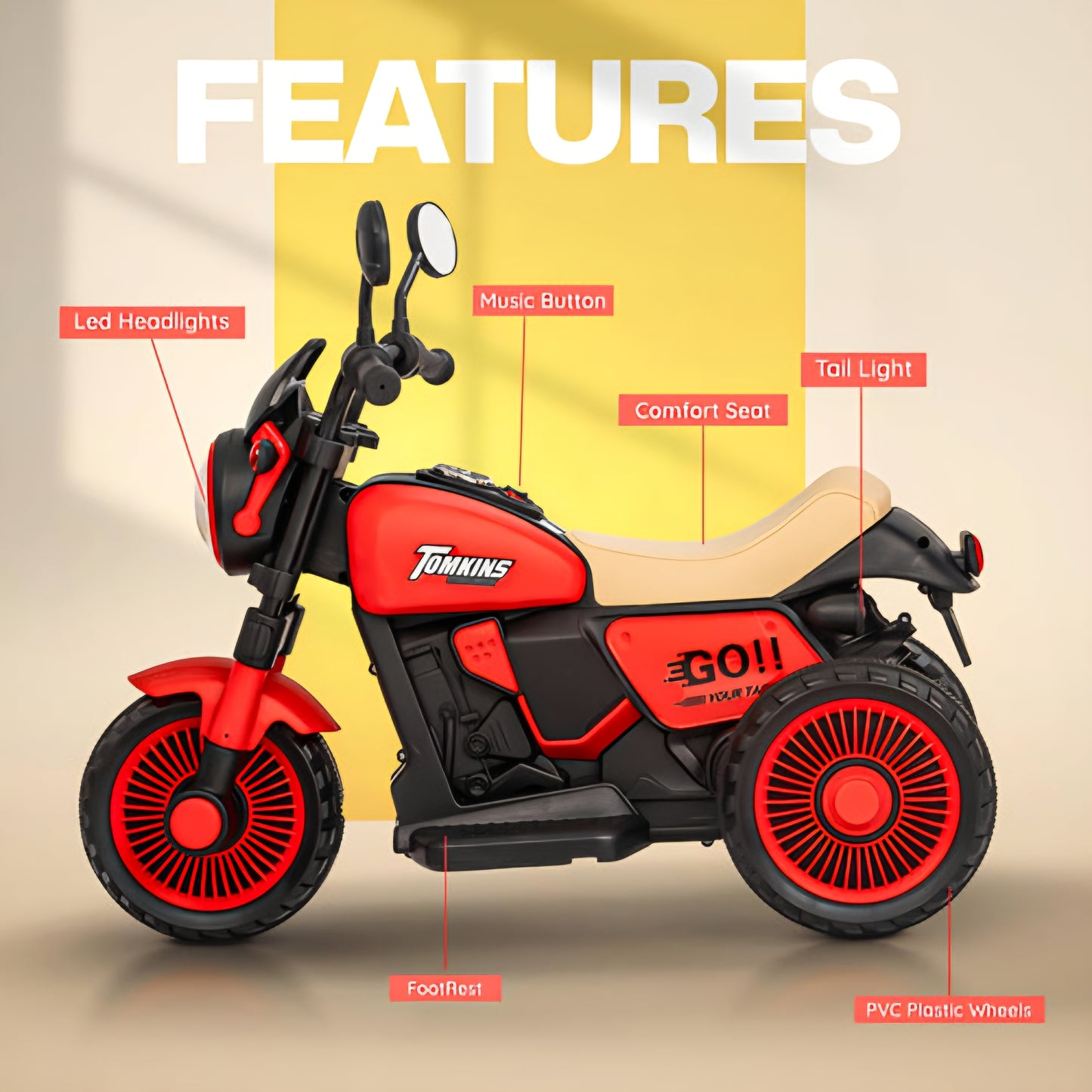 Bullet Harley New Rechargeable Ride-On Bike for Kids (1–4 Years) | Red | Light and Music | Toddler Electric Bike India