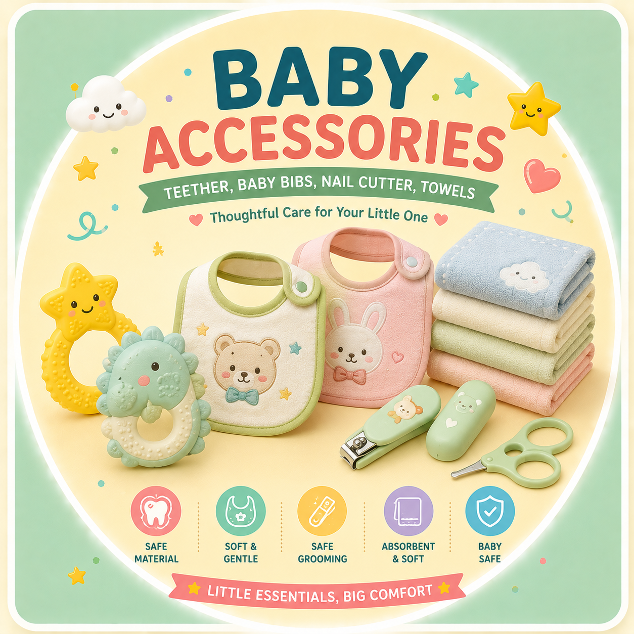 Baby Accessories - Teether, Baby Bibs, Nail Cutter, Towels