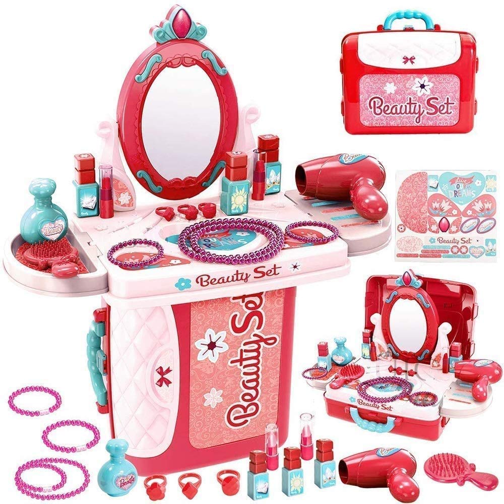 21-Piece Pretend Play Makeup Set Portable 3-in-1 Beauty Salon for Kids