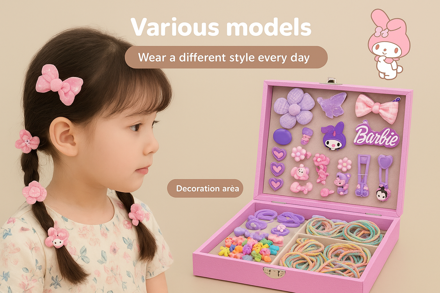 🩷 Barbie & My Melody Hair Accessories Storage Box Set – Cute Cartoon Organizer for Girls