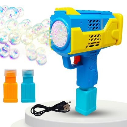 Rechargeable Bubble Gun Machine for Kids – LED Lights, Music & 2 Bubble Solutions Included | High-Output Bubble Blaster (Color May Vary)