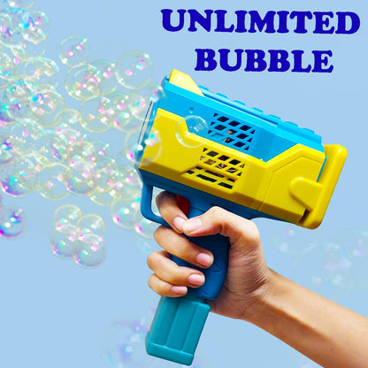 Rechargeable Bubble Gun Machine for Kids – LED Lights, Music & 2 Bubble Solutions Included | High-Output Bubble Blaster (Color May Vary)