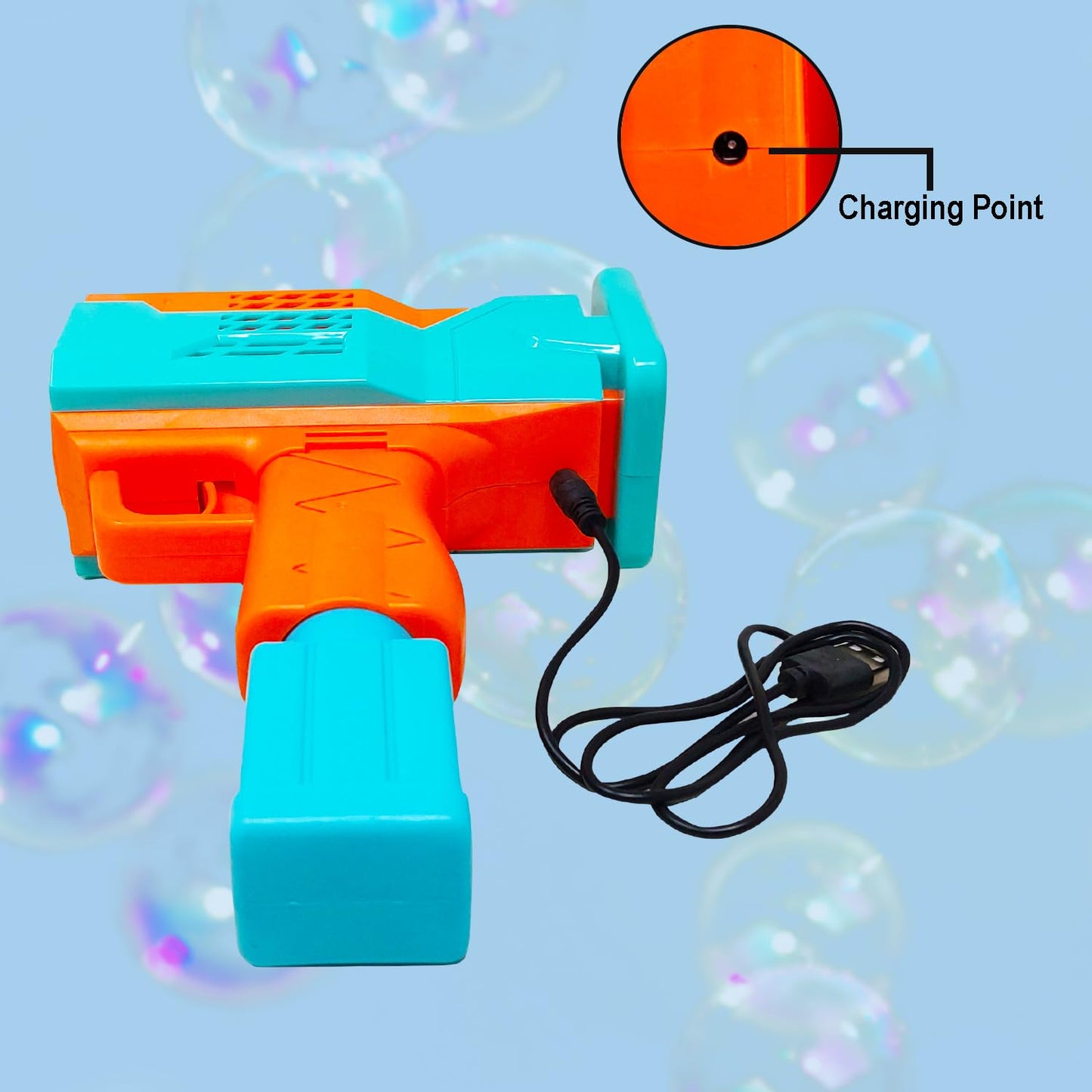 Rechargeable Bubble Gun Machine for Kids – LED Lights, Music & 2 Bubble Solutions Included | High-Output Bubble Blaster (Color May Vary)