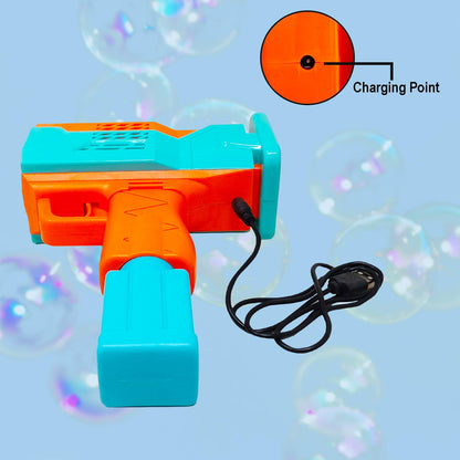Rechargeable Bubble Gun Machine for Kids – LED Lights, Music & 2 Bubble Solutions Included | High-Output Bubble Blaster (Color May Vary)