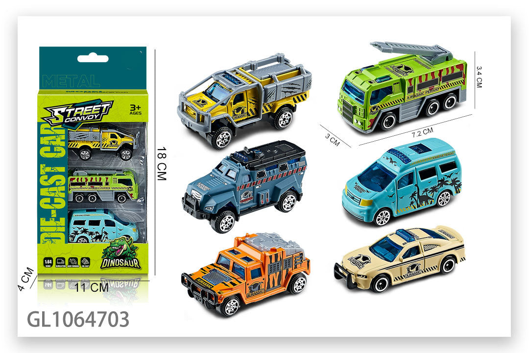 🦖 Street Convoy Dinosaur Adventure — Die-Cast 3 Pcs Car Set (1:64 Scale) | Design May Vary