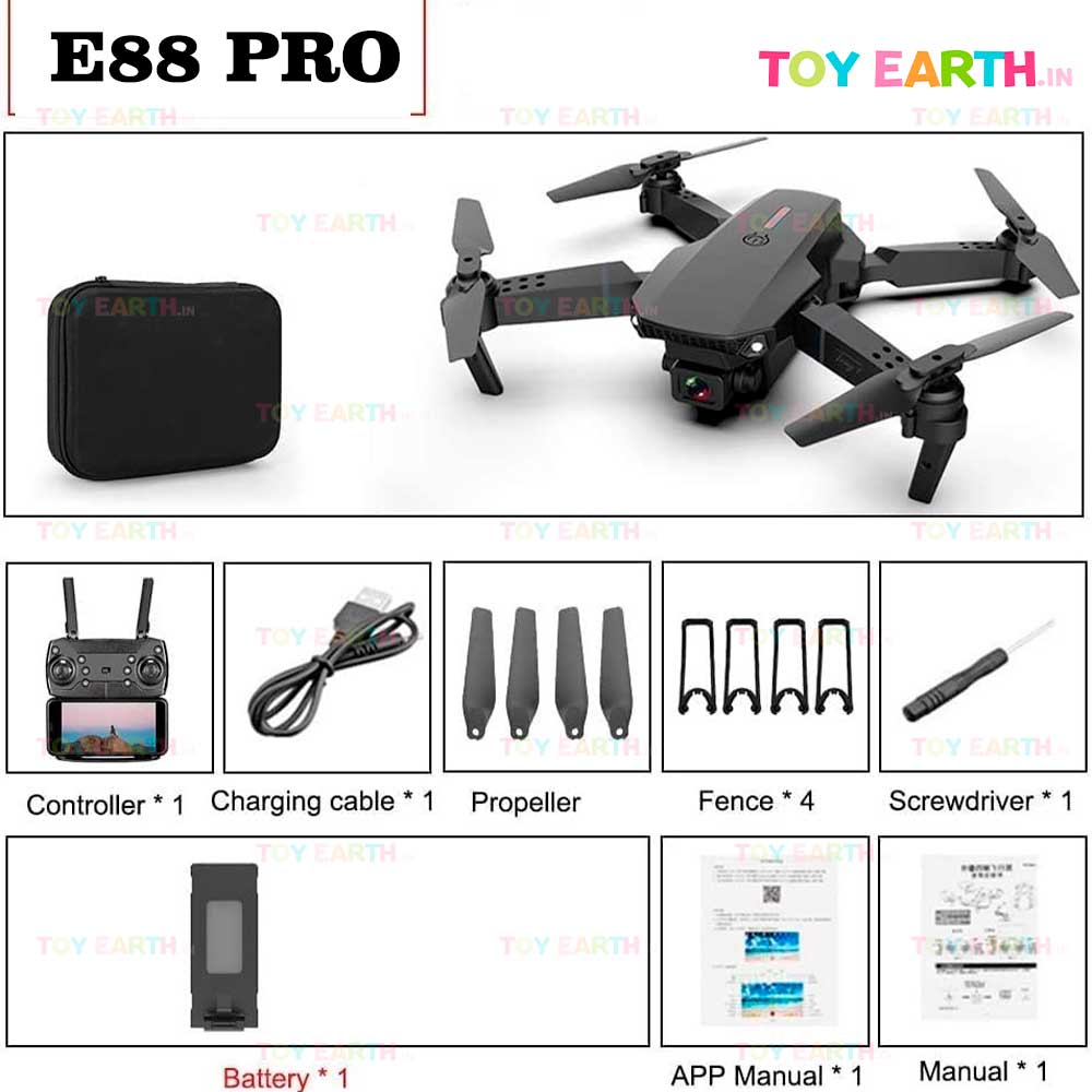 Toyz World E88 Pro Drone with Dual Camera, WiFi FPV 1080P + 720p HD Dual Foldable RC Quadcopter Altitude Hold, Headless Mode, Visual Positioning, Auto Return Mobile App Control, ToyEarth.in