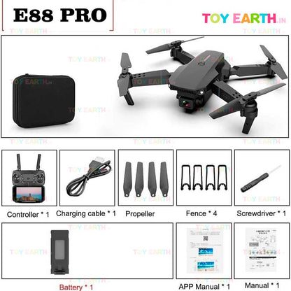 Toyz World E88 Pro Drone with Dual Camera, WiFi FPV 1080P + 720p HD Dual Foldable RC Quadcopter Altitude Hold, Headless Mode, Visual Positioning, Auto Return Mobile App Control, ToyEarth.in