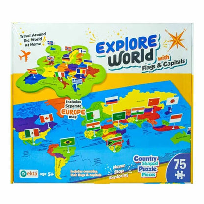🌍 Explore World Map Puzzle with Flags & Capitals – 75 Pieces | Educational Geography Puzzle for Kids (Age 5+)