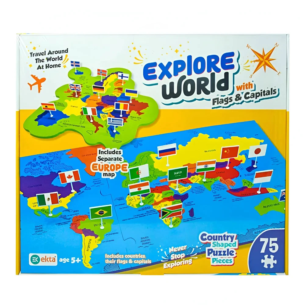 🌍 Explore World Map Puzzle with Flags & Capitals – 75 Pieces | Educational Geography Puzzle for Kids (Age 5+)