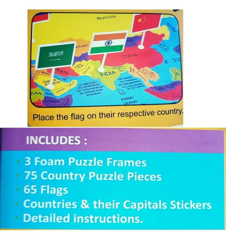 🌍 Explore World Map Puzzle with Flags & Capitals – 75 Pieces | Educational Geography Puzzle for Kids (Age 5+)