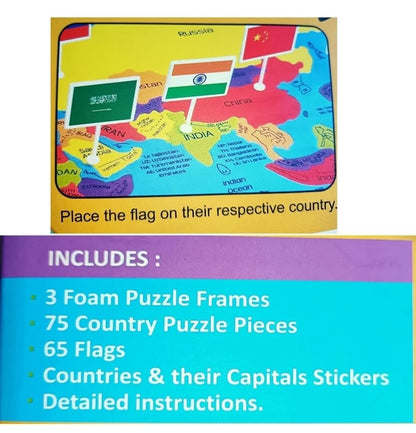 🌍 Explore World Map Puzzle with Flags & Capitals – 75 Pieces | Educational Geography Puzzle for Kids (Age 5+)