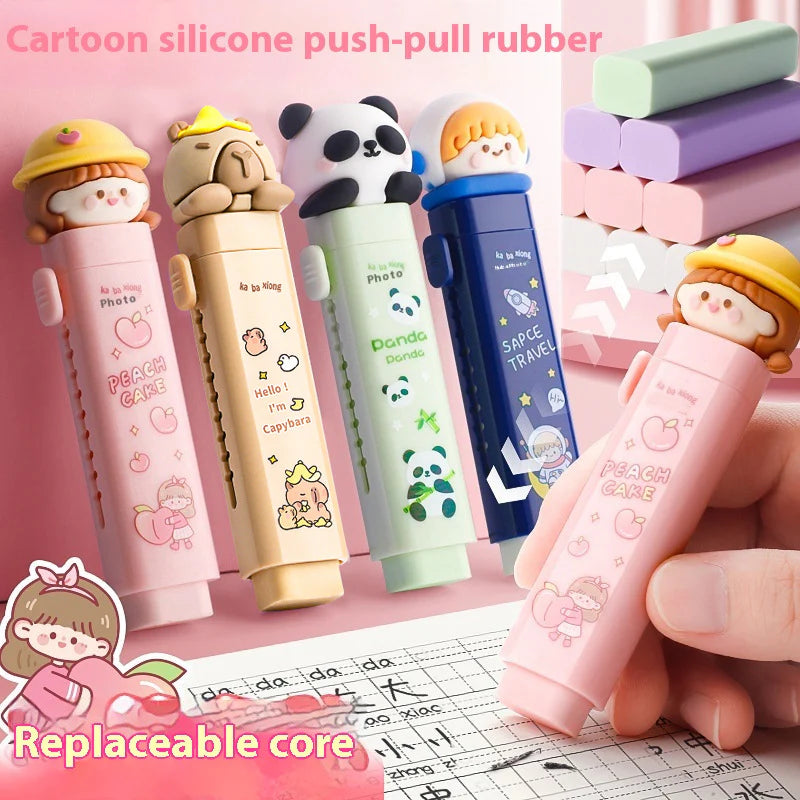 🌈 Cartoon Silicone Push-Pull Eraser Set (Kawaii Character Design may Vary)