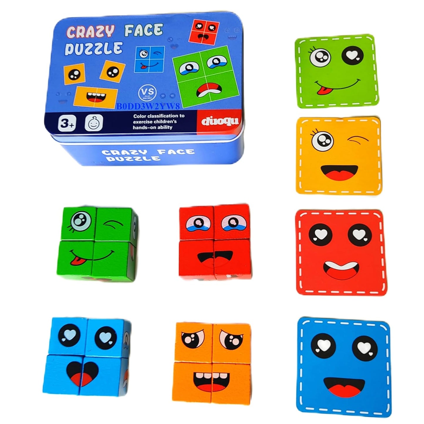 Face Changing Cube Building Blocks Puzzle – Wooden Expression Matching Game (16 Wooden Cubes + 72 Cards)