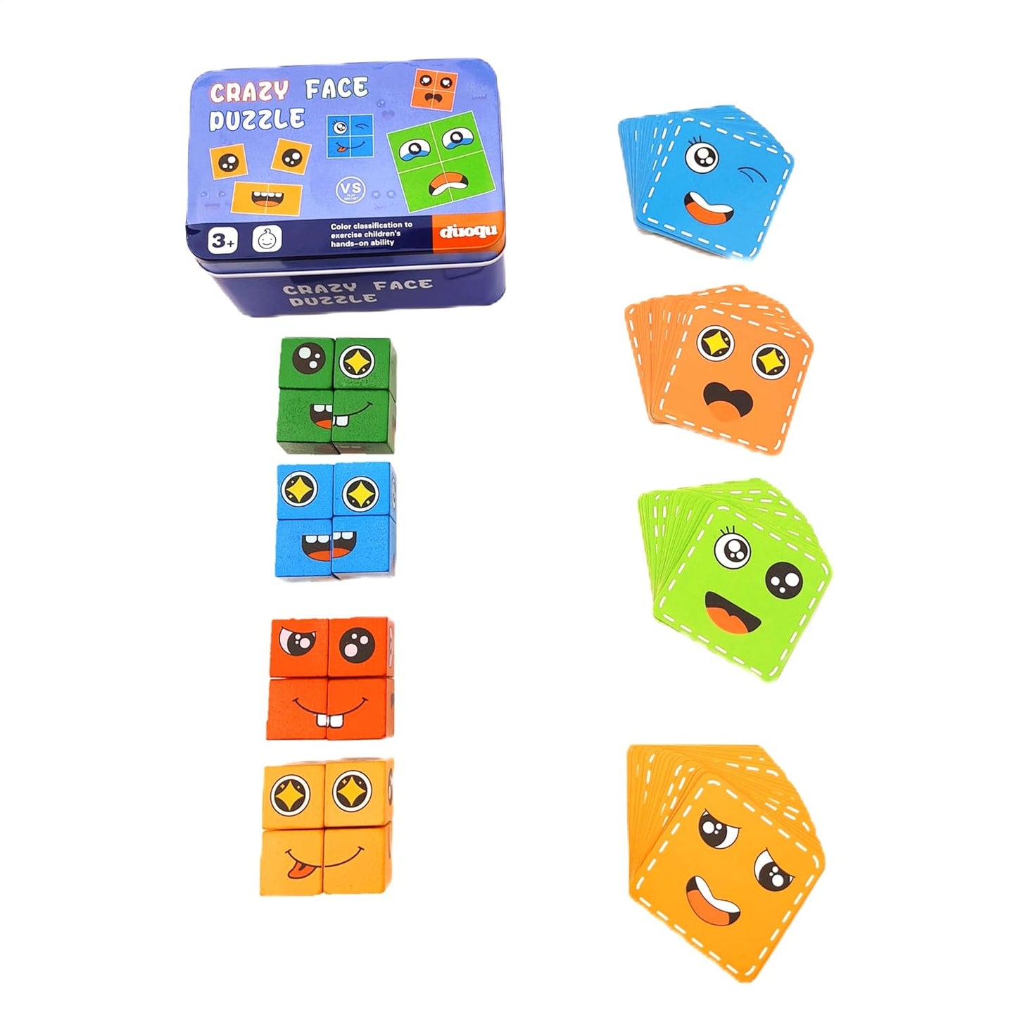 Face Changing Cube Building Blocks Puzzle – Wooden Expression Matching Game (16 Wooden Cubes + 72 Cards)