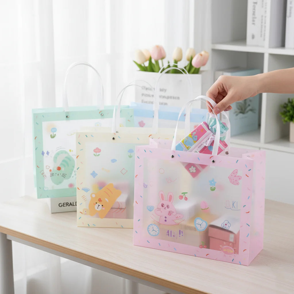 🎁 Pastel Cartoon Gift Bag – Cute Transparent Carry Bag for Gifts & Hampers (Pack of 5)