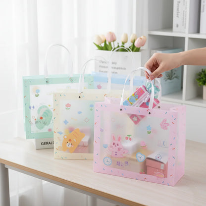 🎁 Pastel Cartoon Gift Bag – Cute Transparent Carry Bag for Gifts & Hampers (Pack of 5)