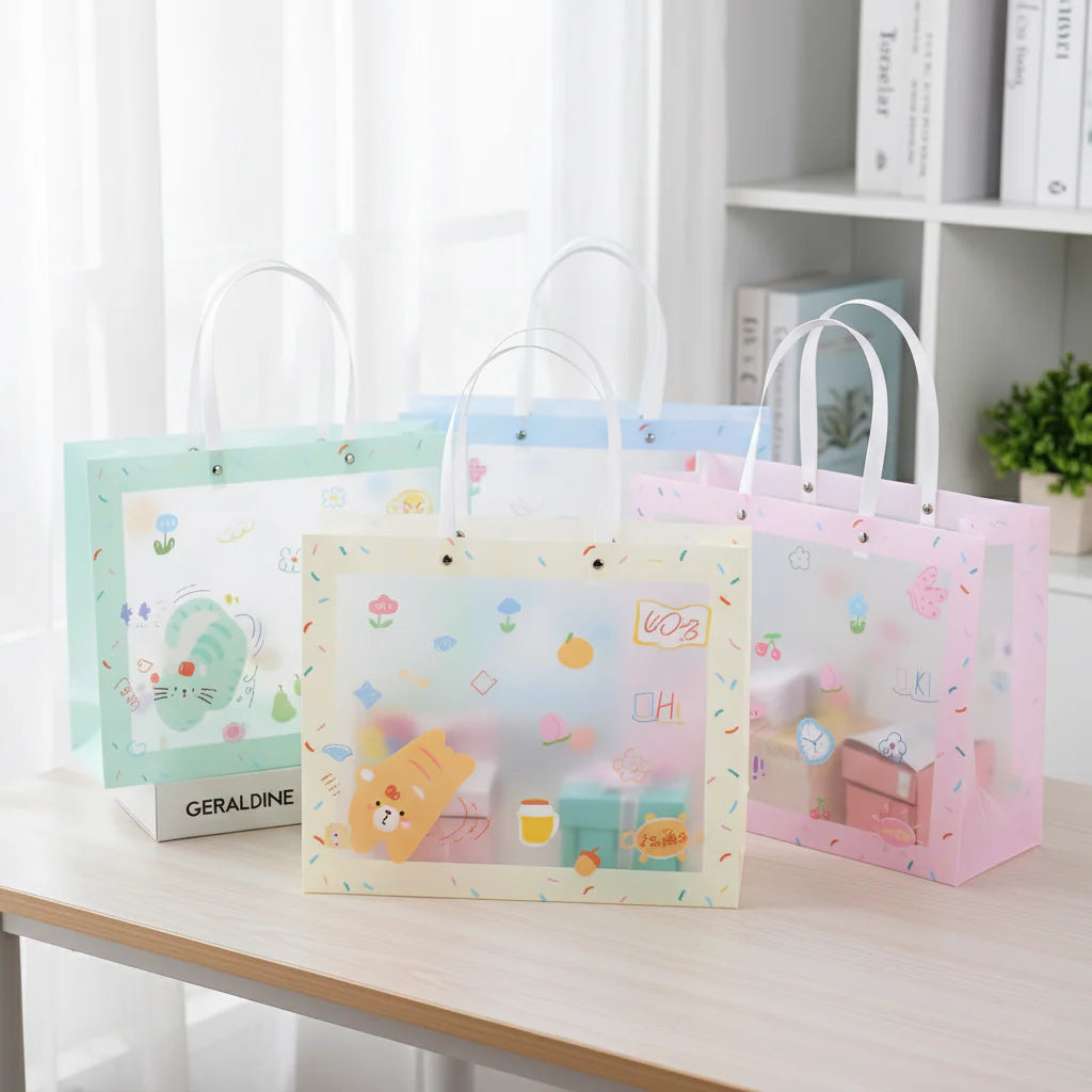 🎁 Pastel Cartoon Gift Bag – Cute Transparent Carry Bag for Gifts & Hampers (Pack of 5)