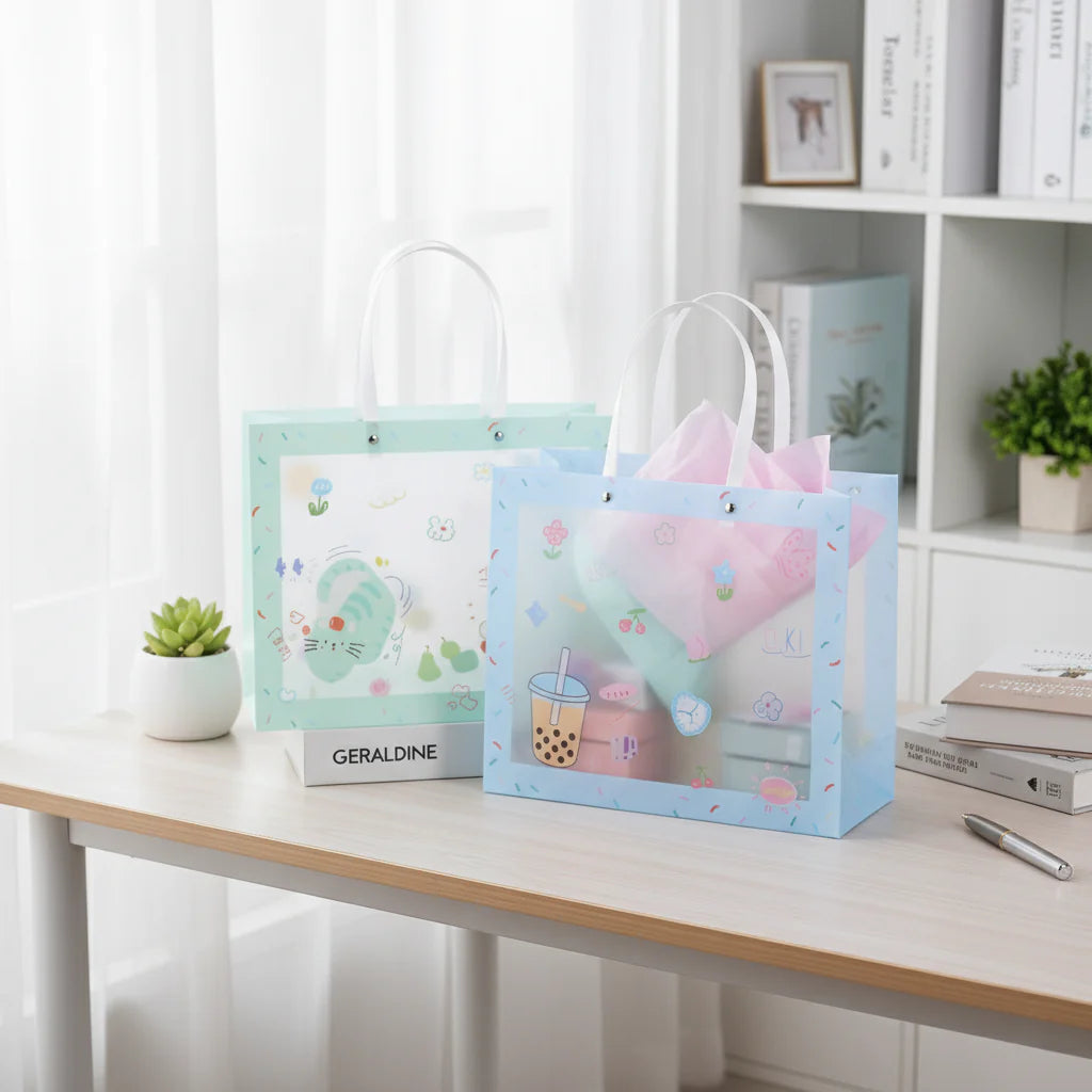 🎁 Pastel Cartoon Gift Bag – Cute Transparent Carry Bag for Gifts & Hampers (Pack of 5)