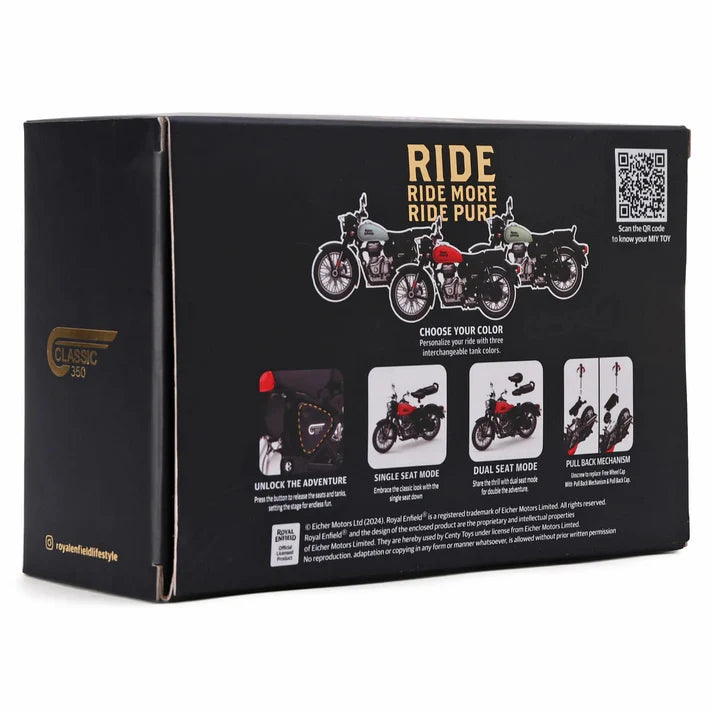 Royal Enfield Classic 350 – 1:15 Scale Die-Cast Model | Interchangeable Tanks, Pull-Back Action & Detailed Finish