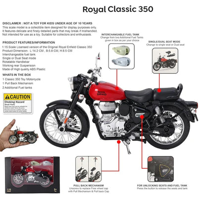 Royal Enfield Classic 350 – 1:15 Scale Die-Cast Model | Interchangeable Tanks, Pull-Back Action & Detailed Finish