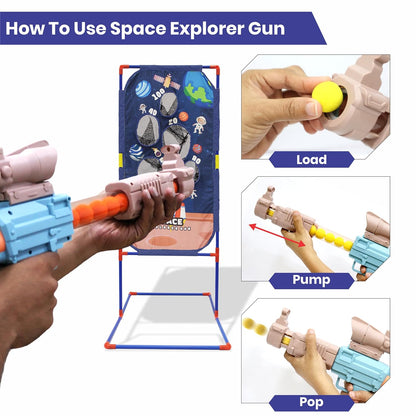 🚀 Space Explorer Pneumatic Gun Shooting Set – 2 Guns + Scoreboard + 48 Balls