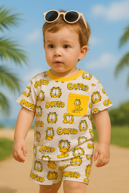 Kids Co-ord set Cartoon Printed Round Neck, Garfield Yellow, Toddler, Age 1 -6 year