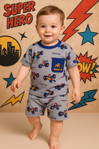 Kids Co-ord set Cartoon Printed Round Neck, Monster Truck Grey, Toddler, Age 1 -6 year